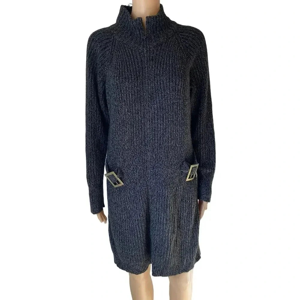 Knit Cardigan Sweater Dress Gray Whimsigoth Full Zip Side Belt Accent Lady M-L